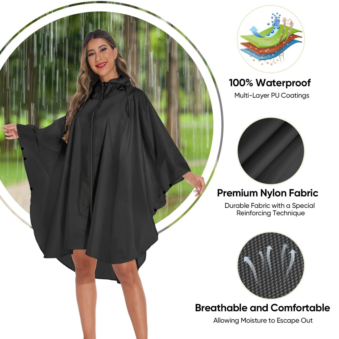 Hooded Rain Poncho for Adult with Pocket and Zipper, Waterproof Lightweight Raincoat for Men and Women