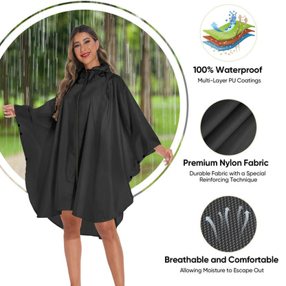 Hooded Rain Poncho for Adult with Pocket and Zipper, Waterproof Lightweight Raincoat for Men and Women