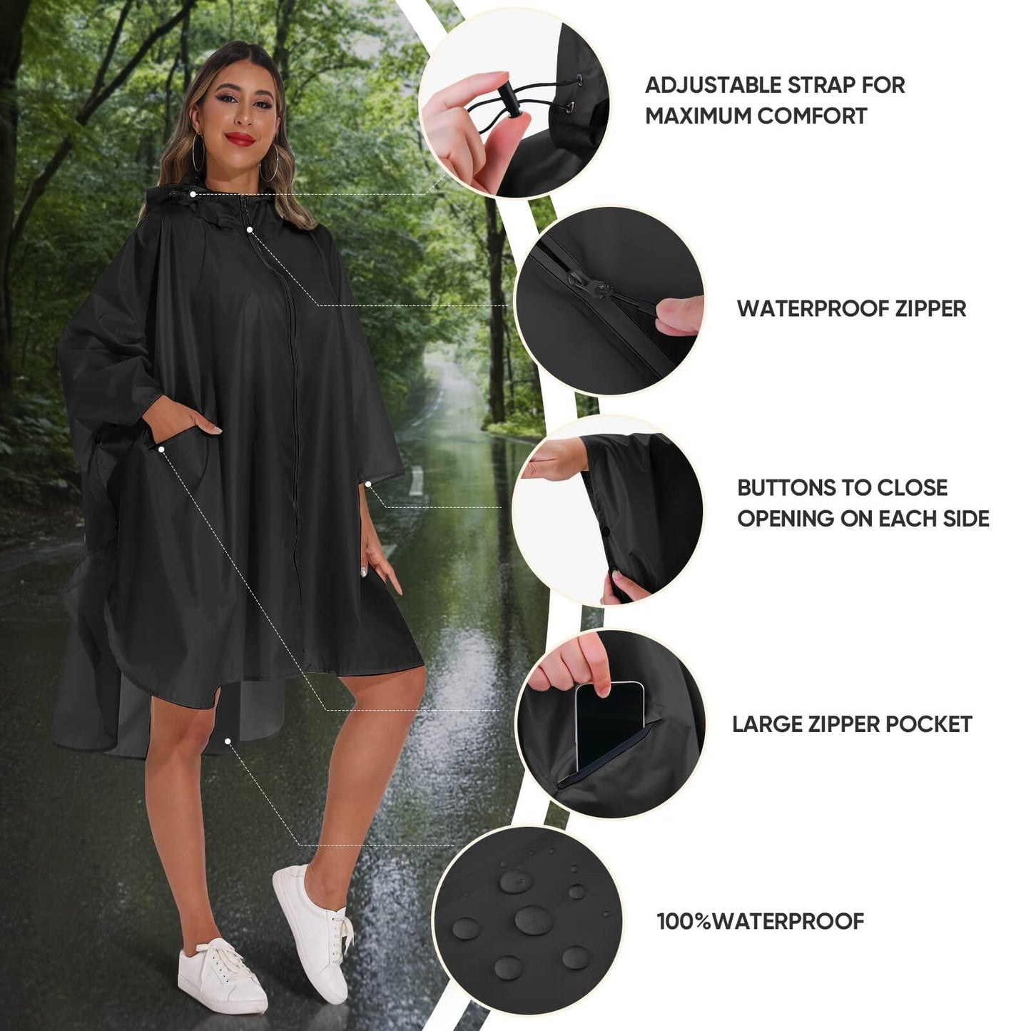 Hooded Rain Poncho for Adult with Pocket and Zipper, Waterproof Lightweight Raincoat for Men and Women